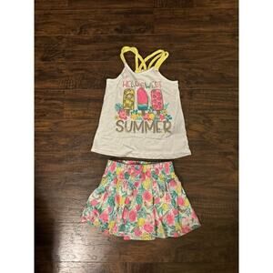 Girl's Sequin Graphic T-Shirt & Skort Two Piece Set Size 7/8 Pink Blue